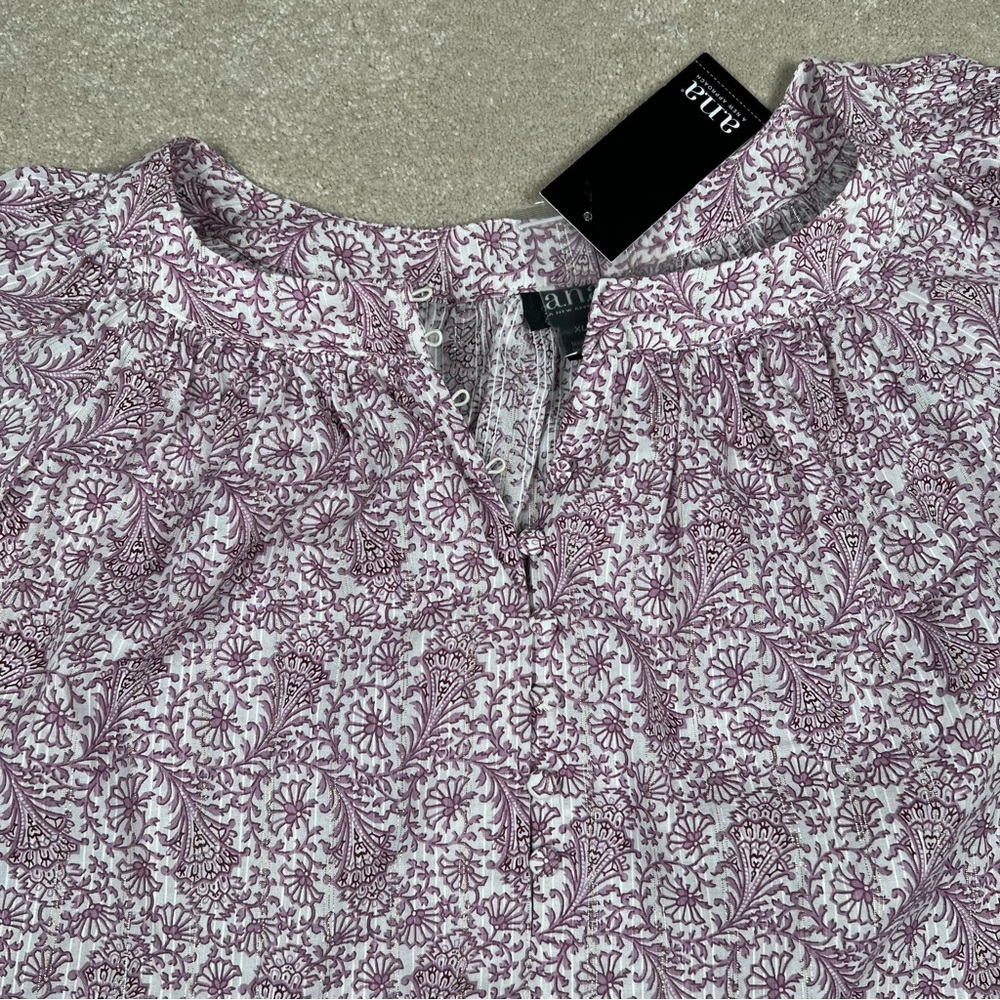ana NWT Floral Paisley Blouse Purple‎ Button Neck Metallic Lines Women's XL